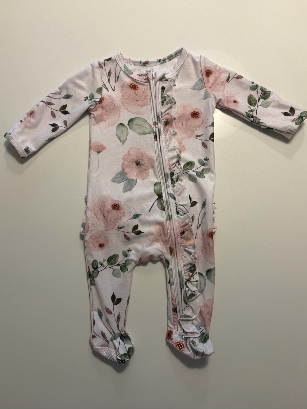 Caden Lane Millie's Dusty Rose Floral Ruffle
Zipper Footie (0-3M) - $13